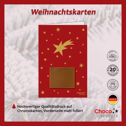Tarjetas navideñas con chocolate grabado en caja dorada, juego de 5, diseño de la tarjeta: rojo con estrellas doradas, chocolate grabado: "Frohe Weihnachten", sobre dorado