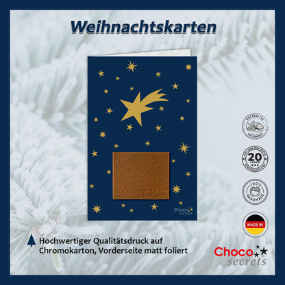 Biglietti di Natale con cioccolato goffrato in scatola dorata, set da 5, design biglietto: cielo blu scuro con stelle dorate, cioccolato goffrato: "Frohe Weihnachten", busta in oro