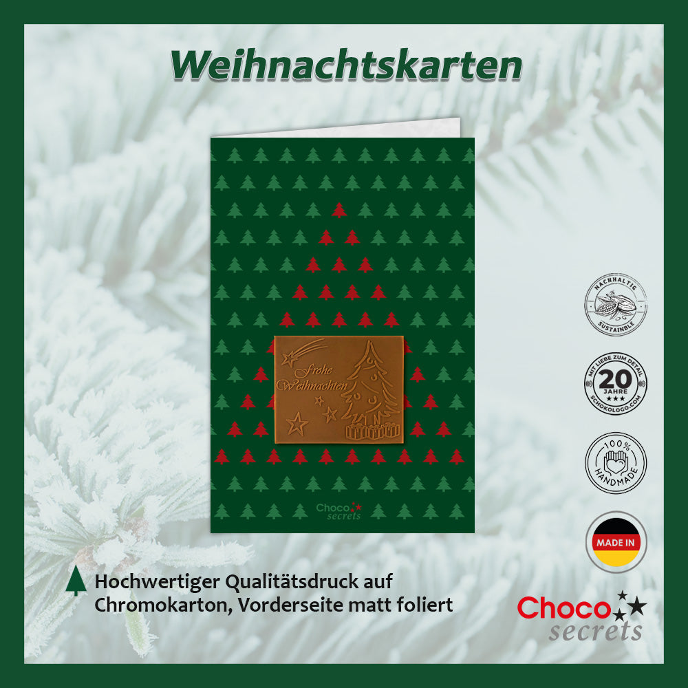 Christmas cards with embossed chocolate in a silver box, set of 5, card design: green with Fir trees, embossed chocolate: 'Frohe Weihnachten', envelope in silver