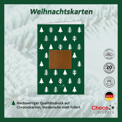 Cartes de Noël avec chocolat en relief dans une boîte en argent, lot de 5, motif de carte : vert avec des arbres, chocolat en relief : "Frohe Weihnachten", enveloppe en argent 