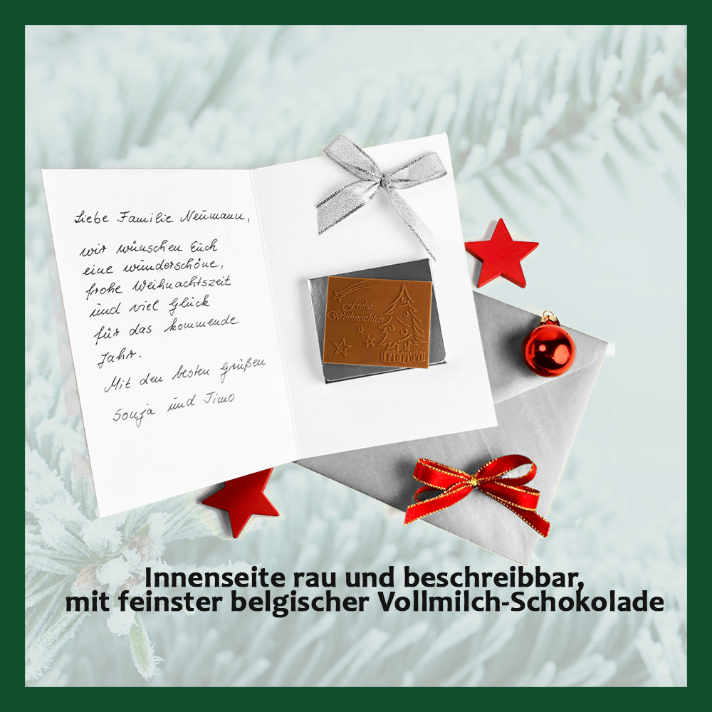 Cartes de Noël avec chocolat en relief dans une boîte en argent, lot de 5, motif de carte : Sapins de Noël mélangés, chocolat en relief : "Frohe Weihnachten", enveloppe en argent 