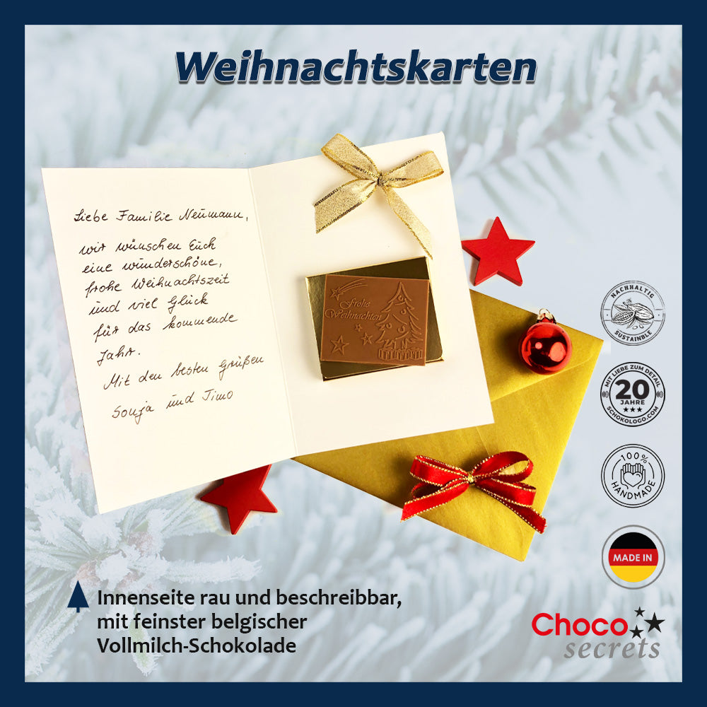 Tarjetas navideñas con chocolate en relieve en caja dorada, juego de 5, diseño de tarjeta: cielo azul oscuro con estrellas doradas, chocolate en relieve: "Frohe Weihnachten", sobre dorado