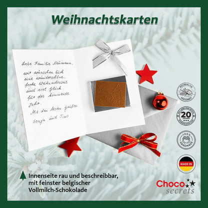 Biglietti di Natale con cioccolato goffrato in scatola d'argento, set da 5, design biglietto: verde con abeti, cioccolato goffrato: "Frohe Weihnachten", busta in argento