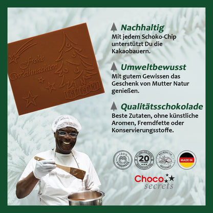 Tarjetas navideñas con chocolate grabado en caja plateada, juego de 5, diseño de tarjeta: verde con abetos, chocolate grabado: "Frohe Weihnachten", sobre plateado