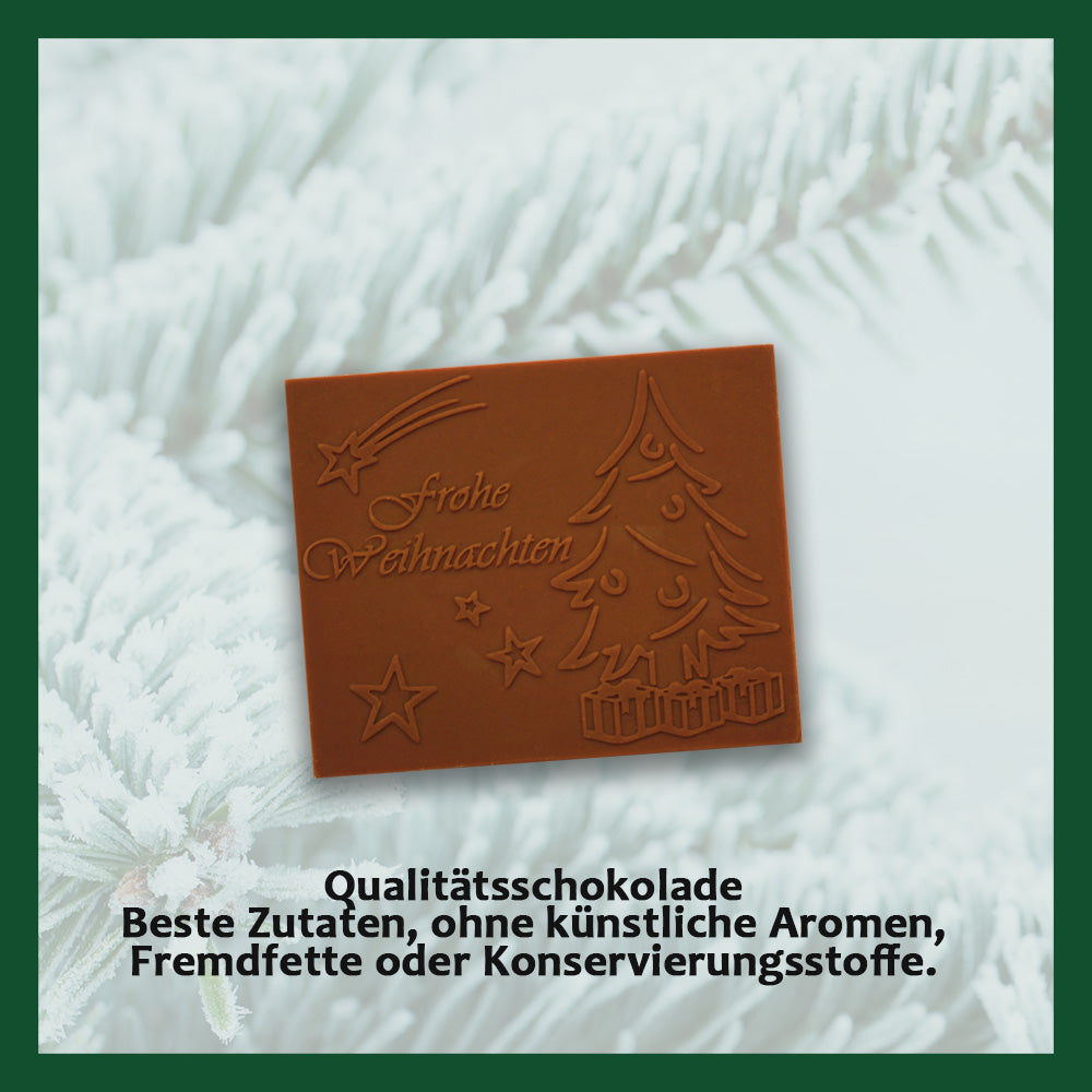 Christmas cards with embossed chocolate in a silver box, set of 5, card design: Christmas wishes multi Lang, embossed chocolate: "Frohe Weihnachten", envelope in silver