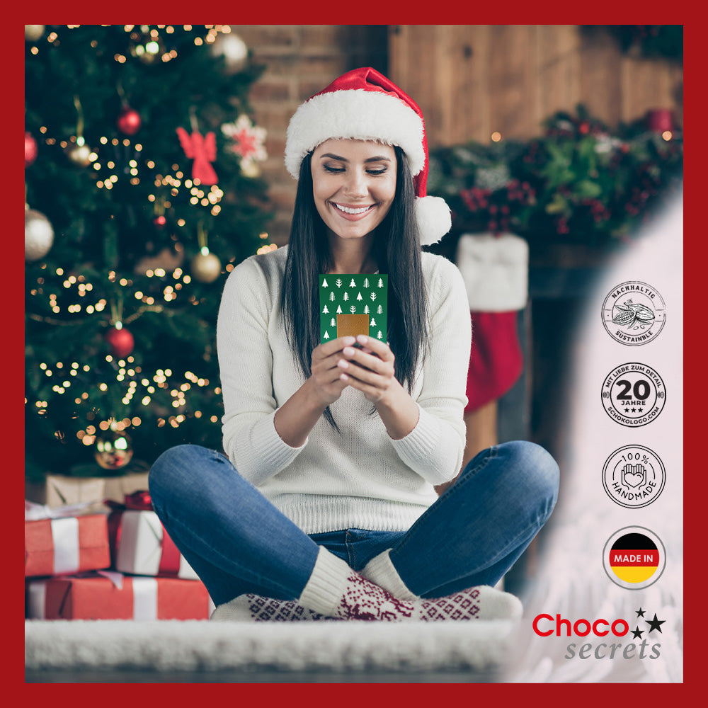 Cartes de Noël avec chocolat en relief dans une boîte dorée, lot de 5, motif de carte : rouge avec étoiles dorées, chocolat en relief : "Frohe Weihnachten", enveloppe en or 