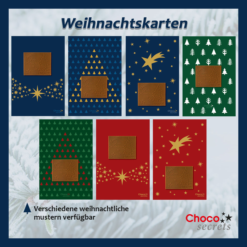Cartes de Noël avec chocolat en relief dans une boîte dorée, lot de 5, motif de carte : ciel bleu foncé avec sapin de Noël, chocolat en relief : "Frohe Weihnachten", enveloppe en or 