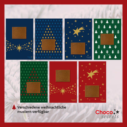 Christmas cards with embossed chocolate in a gold box, set of 5, card design: red with star band, embossed chocolate: "Frohe Weihnachten", envelope in gold
