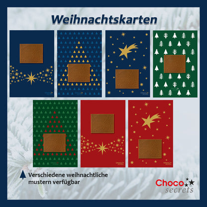 Tarjetas navideñas con chocolate en relieve en caja dorada, juego de 5, diseño de tarjeta: cielo azul oscuro con banda de estrellas, chocolate en relieve: "Frohe Weihnachten", sobre dorado