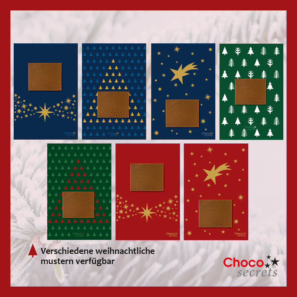 Biglietti di Natale con cioccolato goffrato in scatole argento e oro, set da 5, diversi design di biglietti, cioccolato goffrato: "Frohe Weihnachten", busta in argento e oro