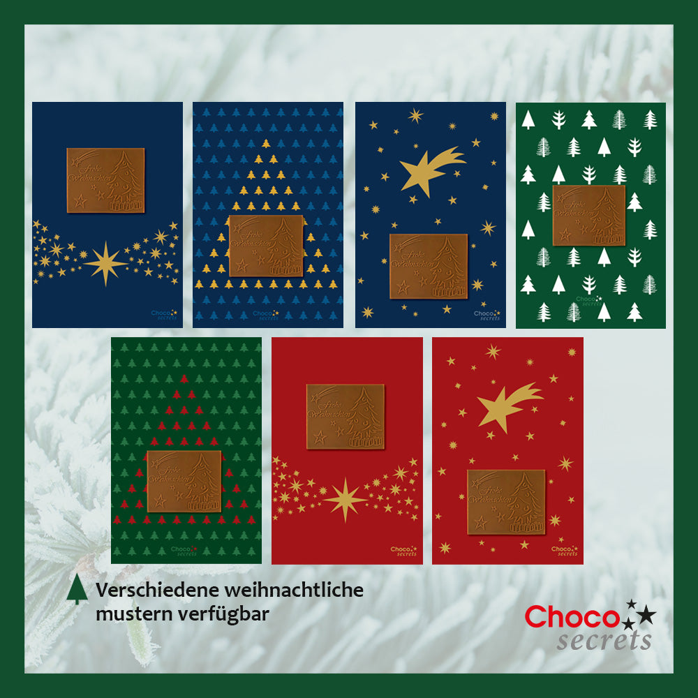 Tarjetas navideñas con chocolate grabado en caja plateada, juego de 5, diseño de tarjeta: verde con abetos, chocolate grabado: "Frohe Weihnachten", sobre plateado