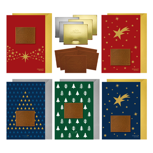 Cartes de Noël avec chocolat en relief dans des boîtes argentées et dorées, lot de 5, différents modèles de cartes, chocolat en relief : "Frohe Weihnachten", enveloppe en argent et or 