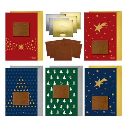 Cartes de Noël avec chocolat en relief dans une boîte en argent, lot de 5,  motif de carte : sapins de Noël, chocolat en relief : Frohe Weihnachten