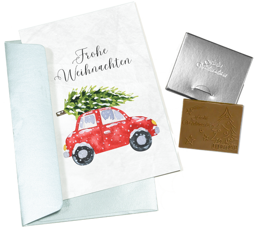 Cartes de Noël avec chocolat en relief dans une boîte en argent, lot de 5, motif de carte : sapin de Noël avec voiture, chocolat en relief : "Frohe Weihnachten", enveloppe en argent 