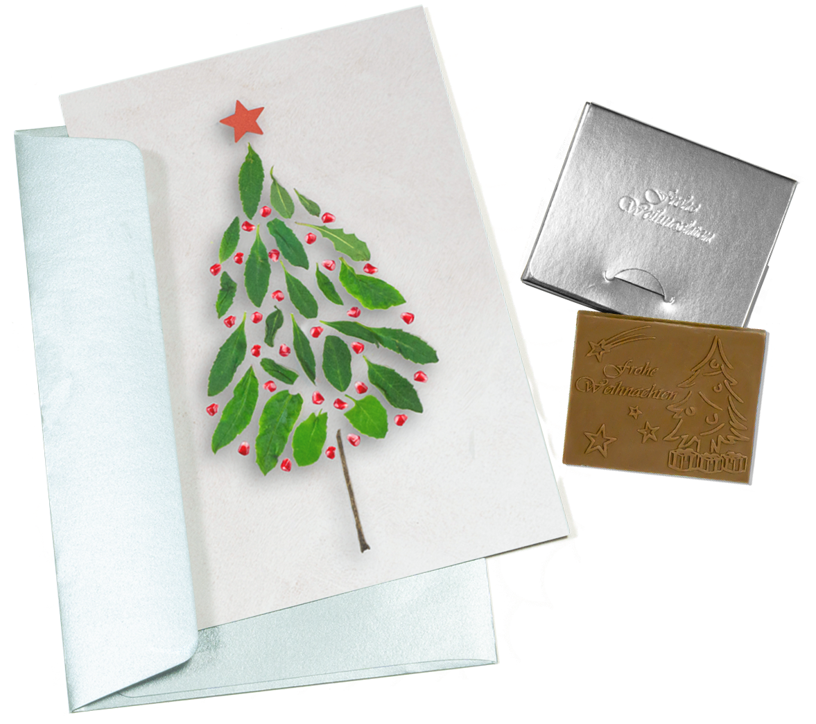 Cartes de Noël avec chocolat en relief dans une boîte en argent, lot de 5, motif de la carte : Sapin de Noël en feuille, chocolat en relief : "Frohe Weihnachten", enveloppe en argent 