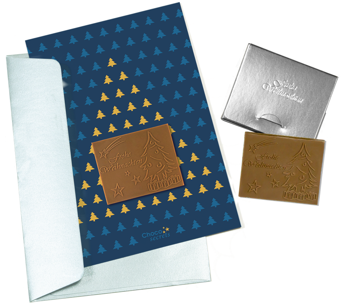 Cartes de Noël avec chocolat en relief dans une boîte en argent, lot de 5, motif de carte : ciel bleu foncé avec sapin de Noël, chocolat en relief : "Frohe Weihnachten", enveloppe en argent 