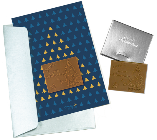 Tarjetas de Navidad con chocolate en relieve en caja plateada, juego de 5, diseño de la tarjeta: cielo azul oscuro con árbol de Navidad, chocolate en relieve: "Frohe Weihnachten", sobre plateado