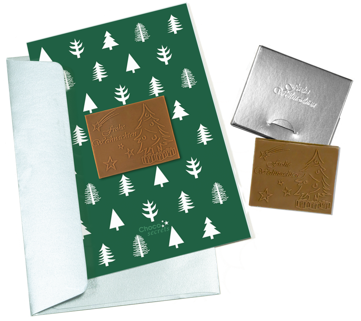 Cartes de Noël avec chocolat en relief dans une boîte en argent, lot de 5, motif de carte : vert avec des arbres, chocolat en relief : "Frohe Weihnachten", enveloppe en argent 