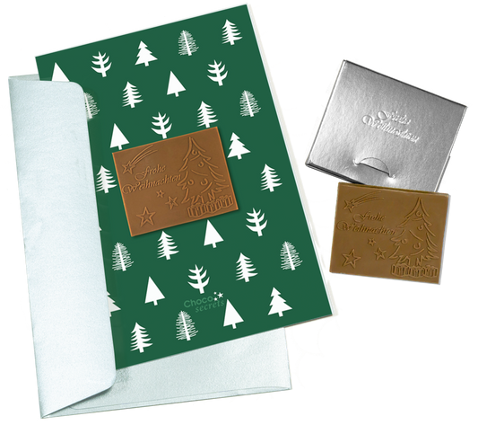 Tarjetas navideñas con chocolate grabado en caja plateada, juego de 5, diseño de tarjeta: verde con árboles, chocolate grabado: "Frohe Weihnachten", sobre plateado