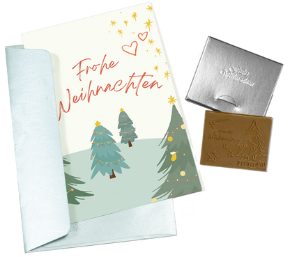 Tarjetas de Navidad con chocolate en relieve en caja dorada, juego de 5, diseño de tarjeta: cielo azul oscuro con árbol de Navidad, chocolate en relieve: "Frohe Weihnachten", sobre dorado