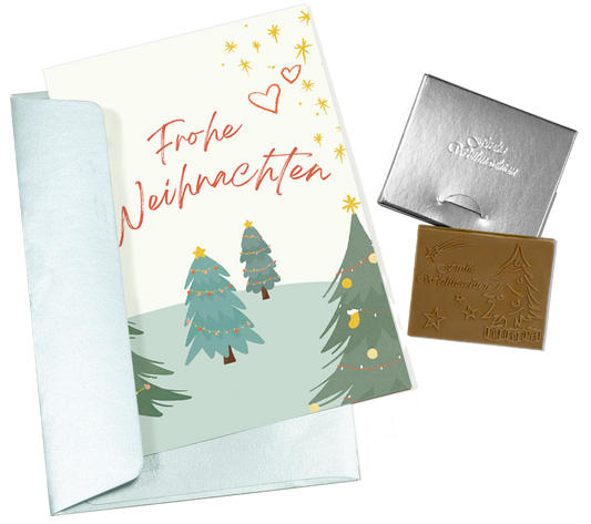 Cartes de Noël avec chocolat en relief dans une boîte en argent, lot de 5, motif de carte : sapins de Noël, chocolat en relief : "Frohe Weihnachten", enveloppe en argent 