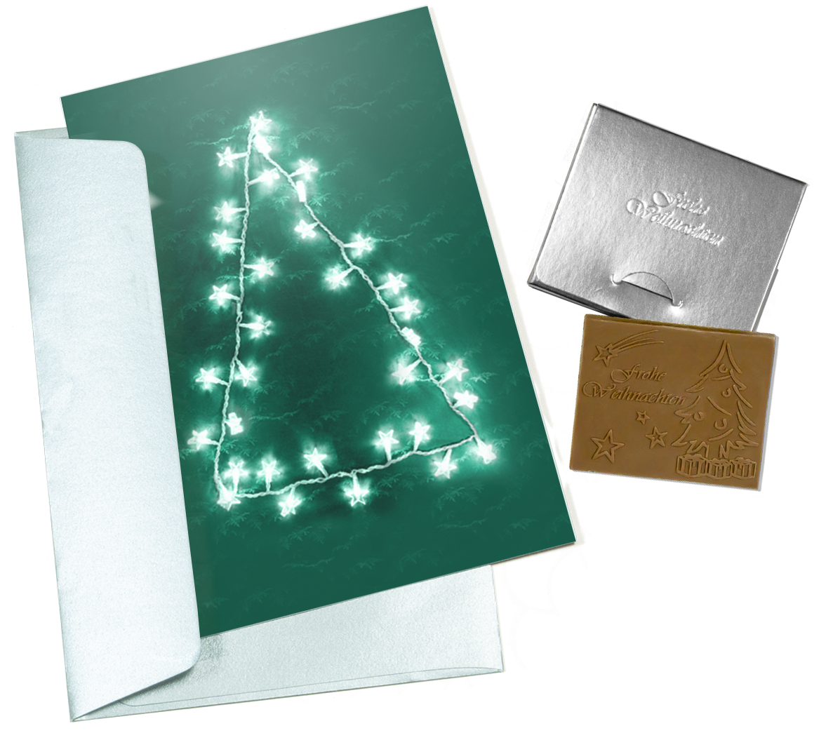 Biglietti di Natale con cioccolato goffrato in scatola dorata, set da 5, design biglietto: cielo blu scuro con albero di Natale, cioccolato goffrato: "Frohe Weihnachten", busta in oro