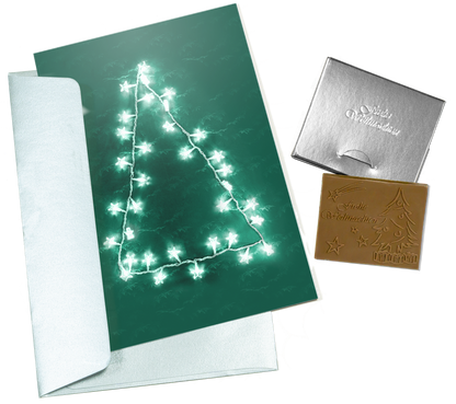 Cartes de Noël avec chocolat en relief dans une boîte en argent, lot de 5, motif de la carte : sapin de Noël, chocolat en relief : "Frohe Weihnachten", enveloppe en argent 