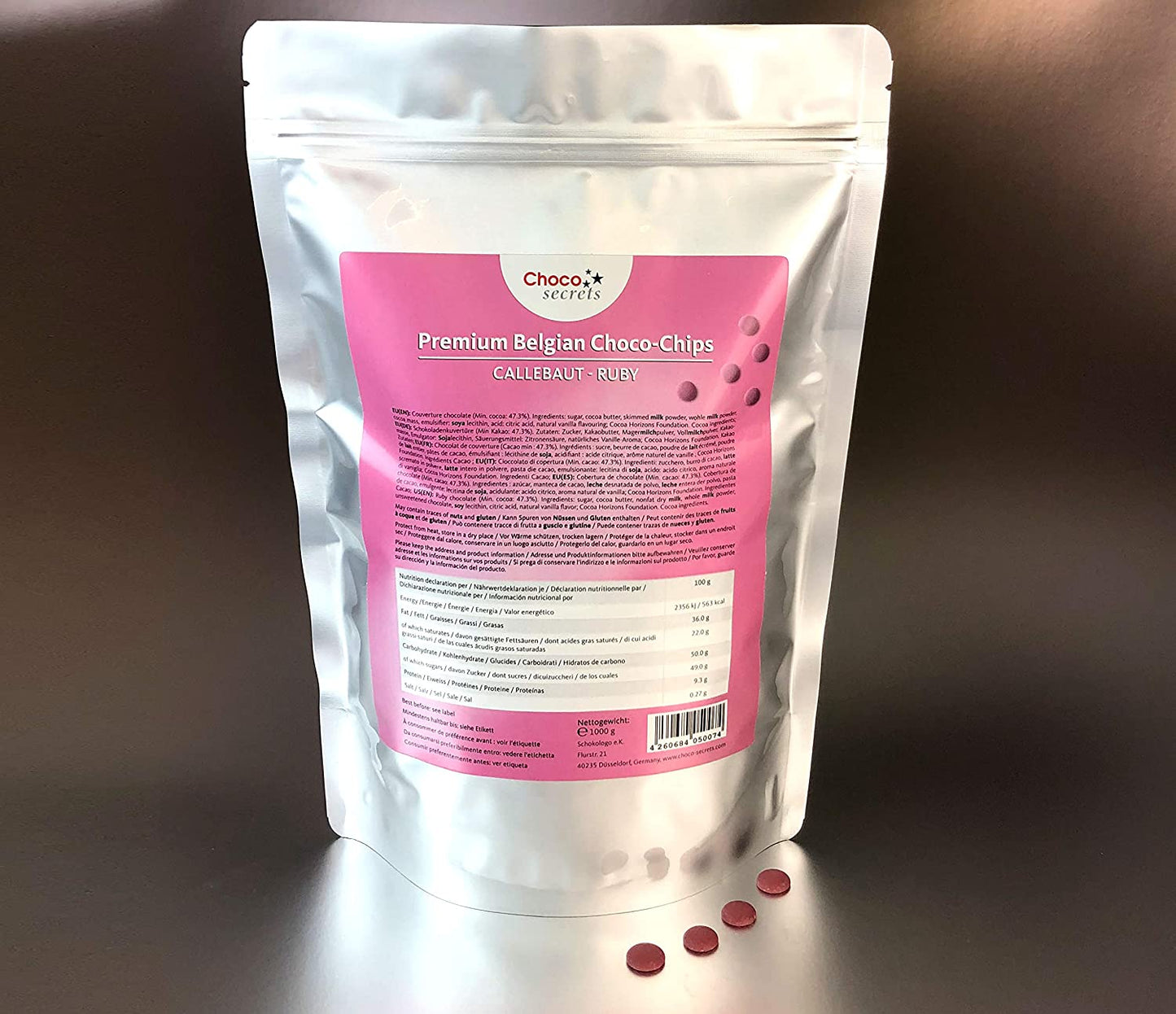 Callebaut Ruby 47.3% Finest Belgian Ruby Chocolate Chips 1 kg, in a resealable Bag